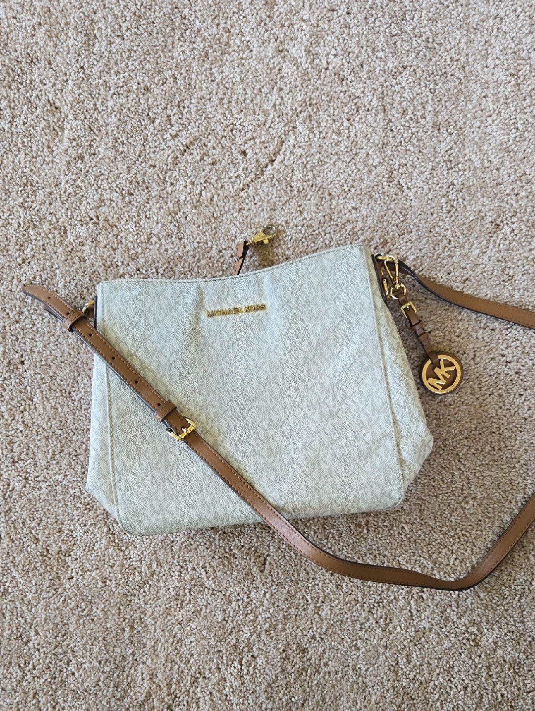 Michael Kors Cream Signature Crossbody Messenger Bag With Tan Strap